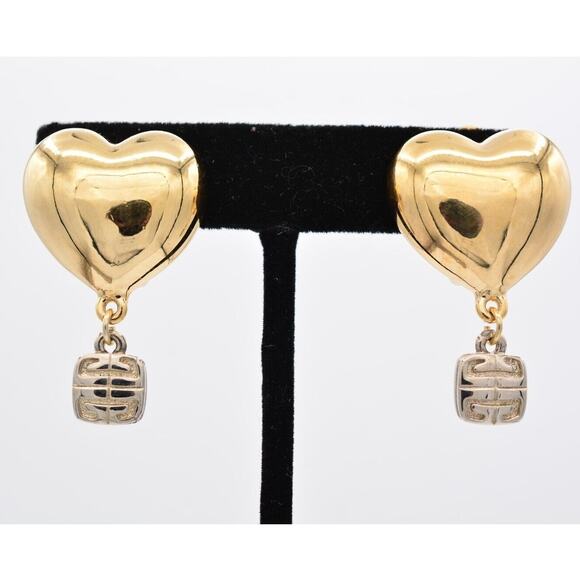 Givenchy Vintage Logo Heart Clip On Earrings Dangle Gold Silver Chunky Signed 9G - Picture 1 of 12